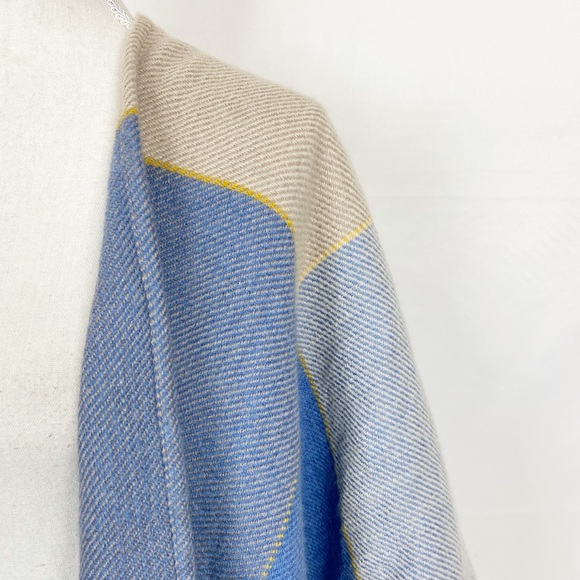 Color Block Two-Way Stole/Poncho Blue and Tan with Fringe One Size - Picture 5 of 8